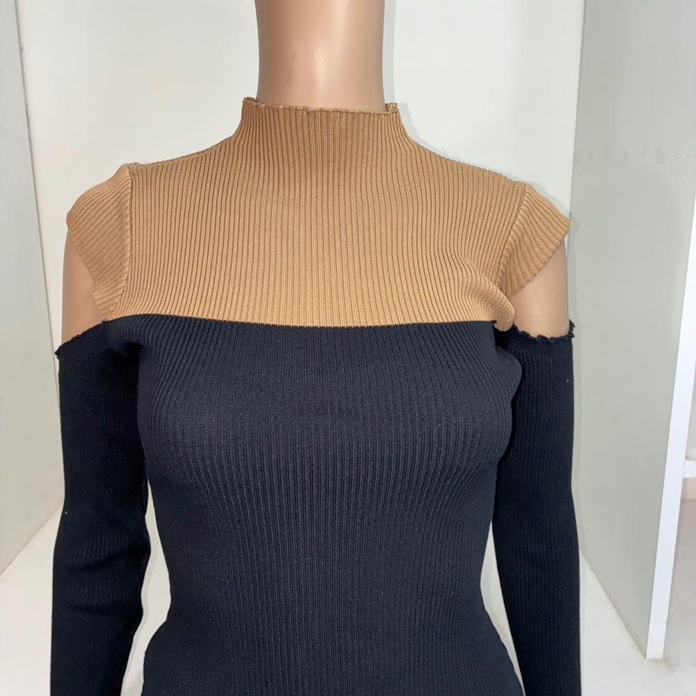 Womens Ribbed Cold Shoulder Mock Neck Long Sleeve Midi Dress Black Tan - Picture 4 of 4